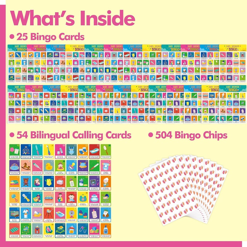 Gethelud Baby Shower Bingo Game, 25 Bilingual Spanish & English Bingo Cards for Gender Reveal Party, Baby Shower, Game Favors, Supplies, Decorations for Adults (25 Players) - Image 3